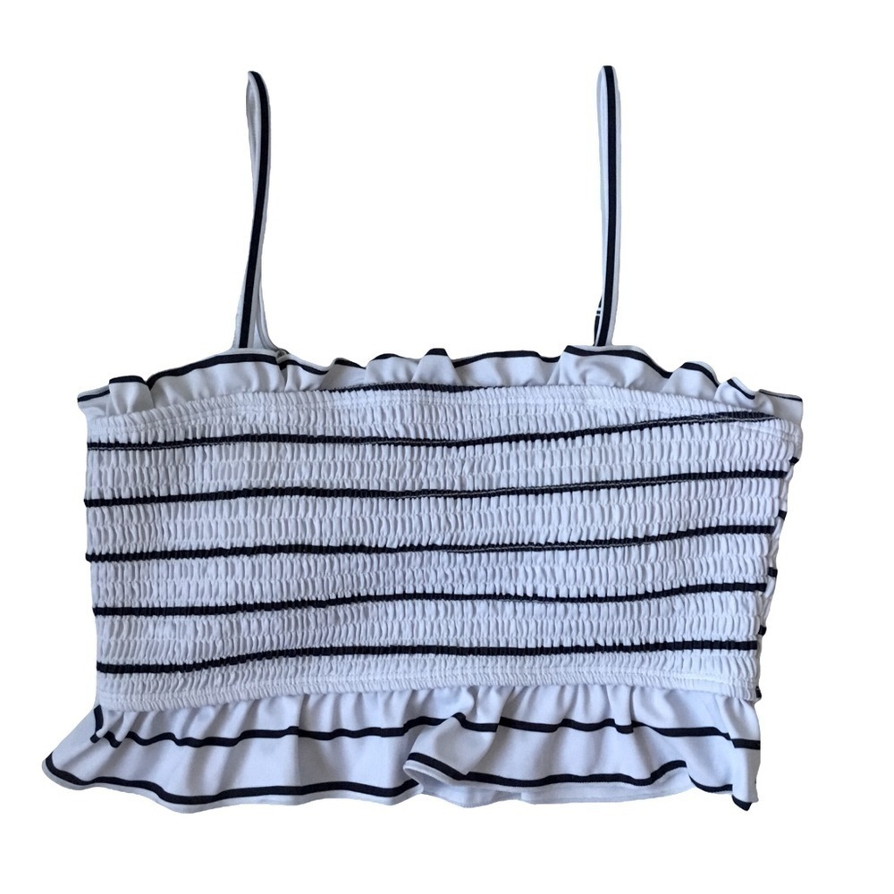 New Black & White Striped Smocked Bandeau Bikini Top w/ Adjustable Straps Size M